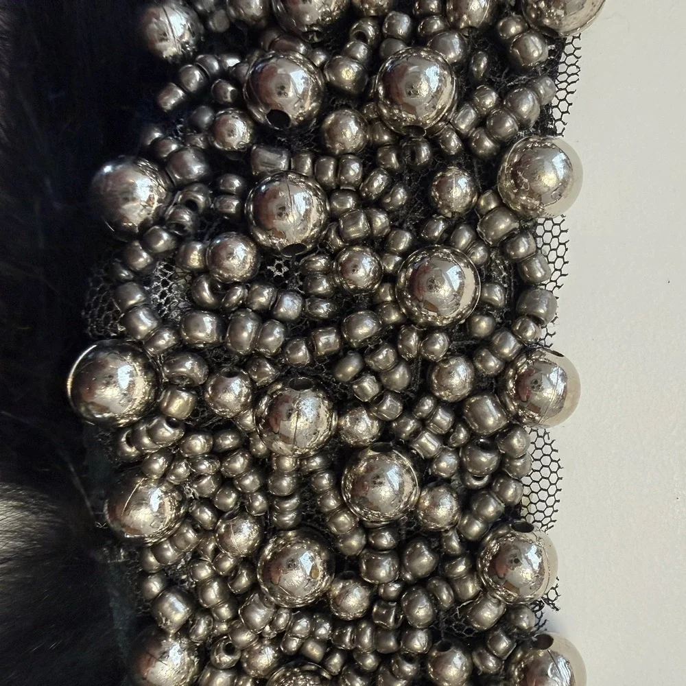 Vintage Handmade Fur & Faux Pearl Beaded Collar Necklace Black For Tops,Sweaters
